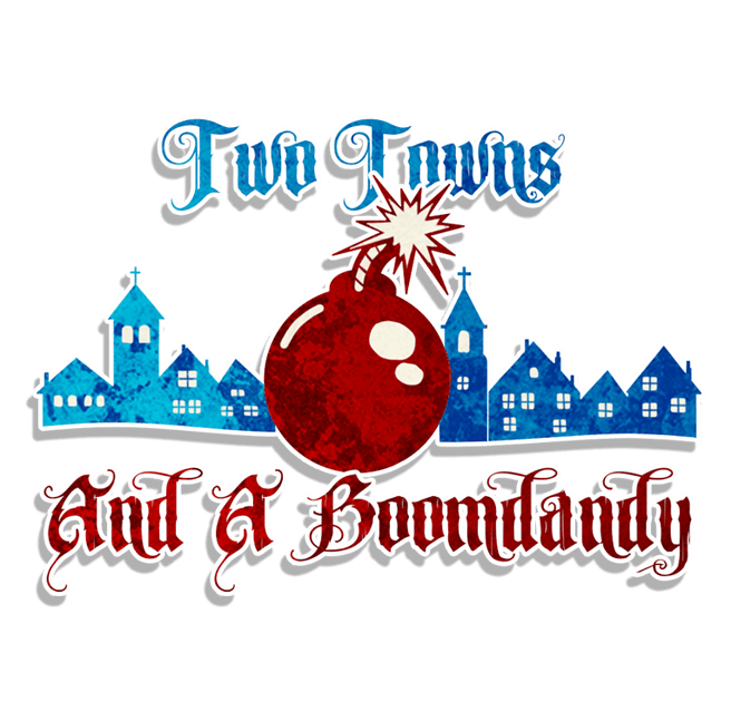 Two Towns and a Boomdandy logo featuring two images of town silhouettes and a cartoon bomb in between.